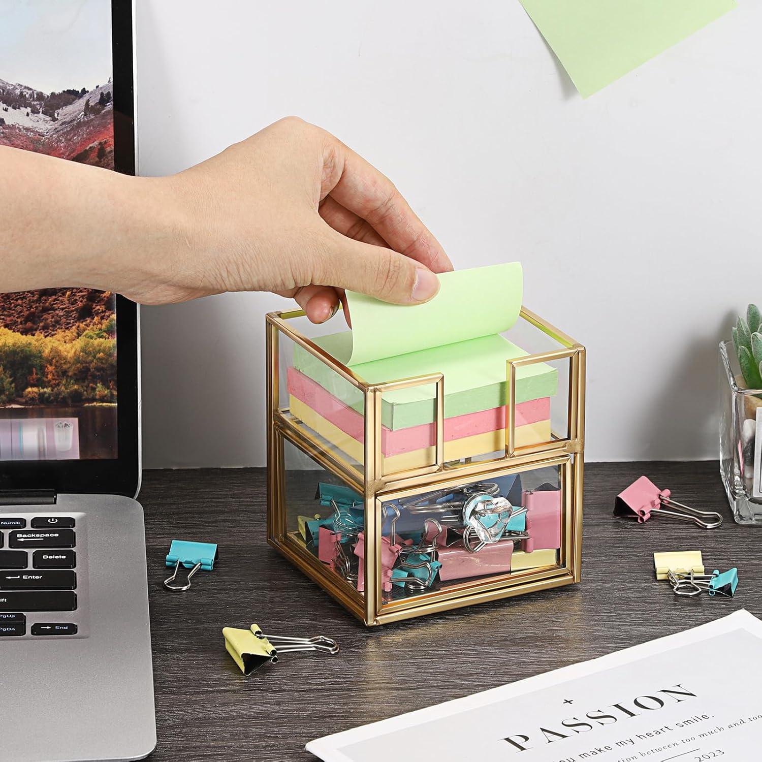 image:imageBTSKY Golden Glass Sticky Note Holder for 3x3 Inch Sticky Notes Elegant Post It Note Dispenser with NonSlip Pads Clear Notepad Holder for Desk Organization Planning Home Office Decor38 x 37