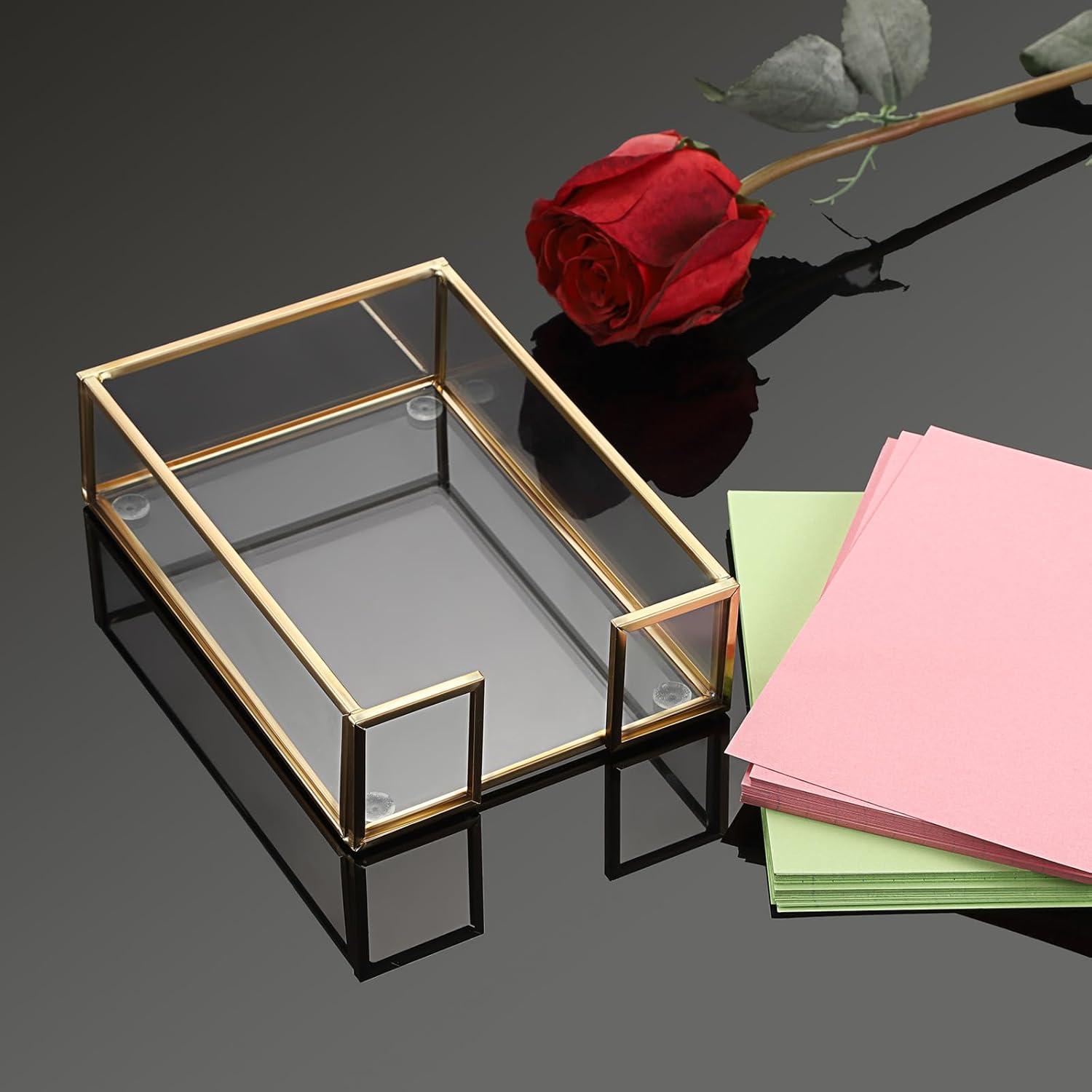 image:imageBTSKY Golden Glass Sticky Note Holder for 3x3 Inch Sticky Notes Elegant Post It Note Dispenser with NonSlip Pads Clear Notepad Holder for Desk Organization Planning Home Office Decor4x6
