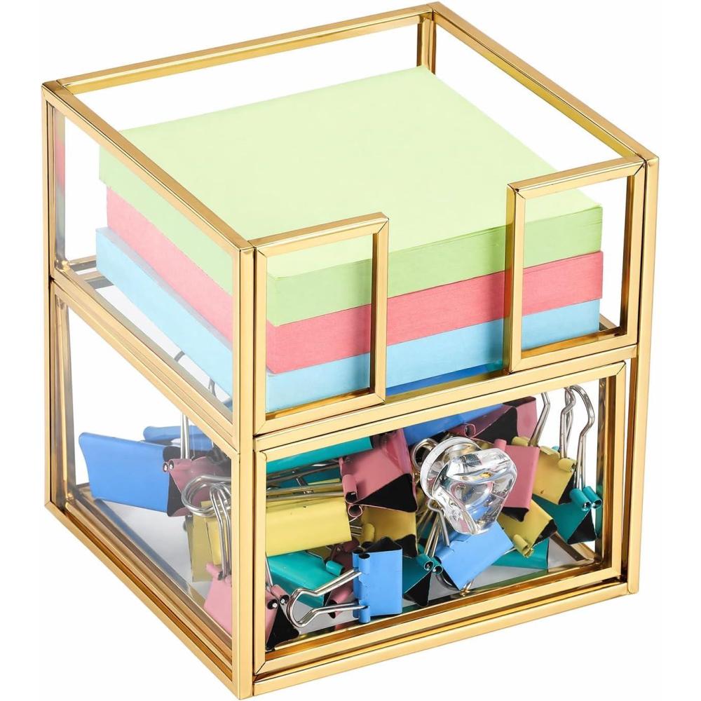 image:imageBTSKY Golden Glass Sticky Note Holder for 3x3 Inch Sticky Notes Elegant Post It Note Dispenser with NonSlip Pads Clear Notepad Holder for Desk Organization Planning Home Office Decor38 x 37