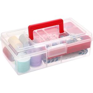 BTSKY Clear Plastic Storage Box with Removable Tray Multipurpose Stationery Storage Box with Handle Handy Sewing Box Art Craft Supply Organizer Home Utility Box (Red)(Red)
