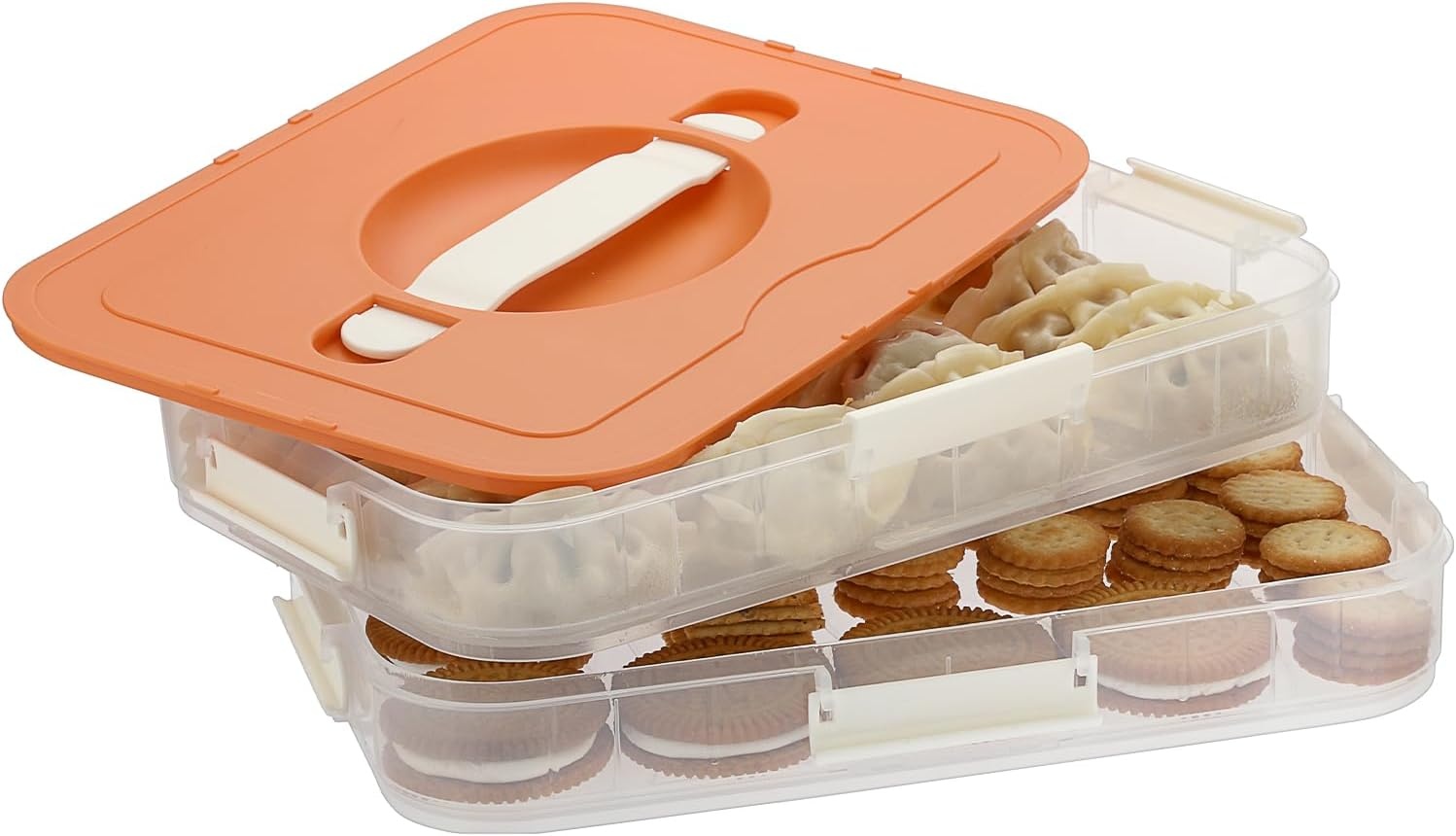 image:imageBTSKY Plastic Food Storage Container with lids Dumpling Storage Box Cookie Carrier Cookie Sheet with Lid Portable Large Food Container for Snack Fruit Vegetables Meat Wontons2Layer Orange