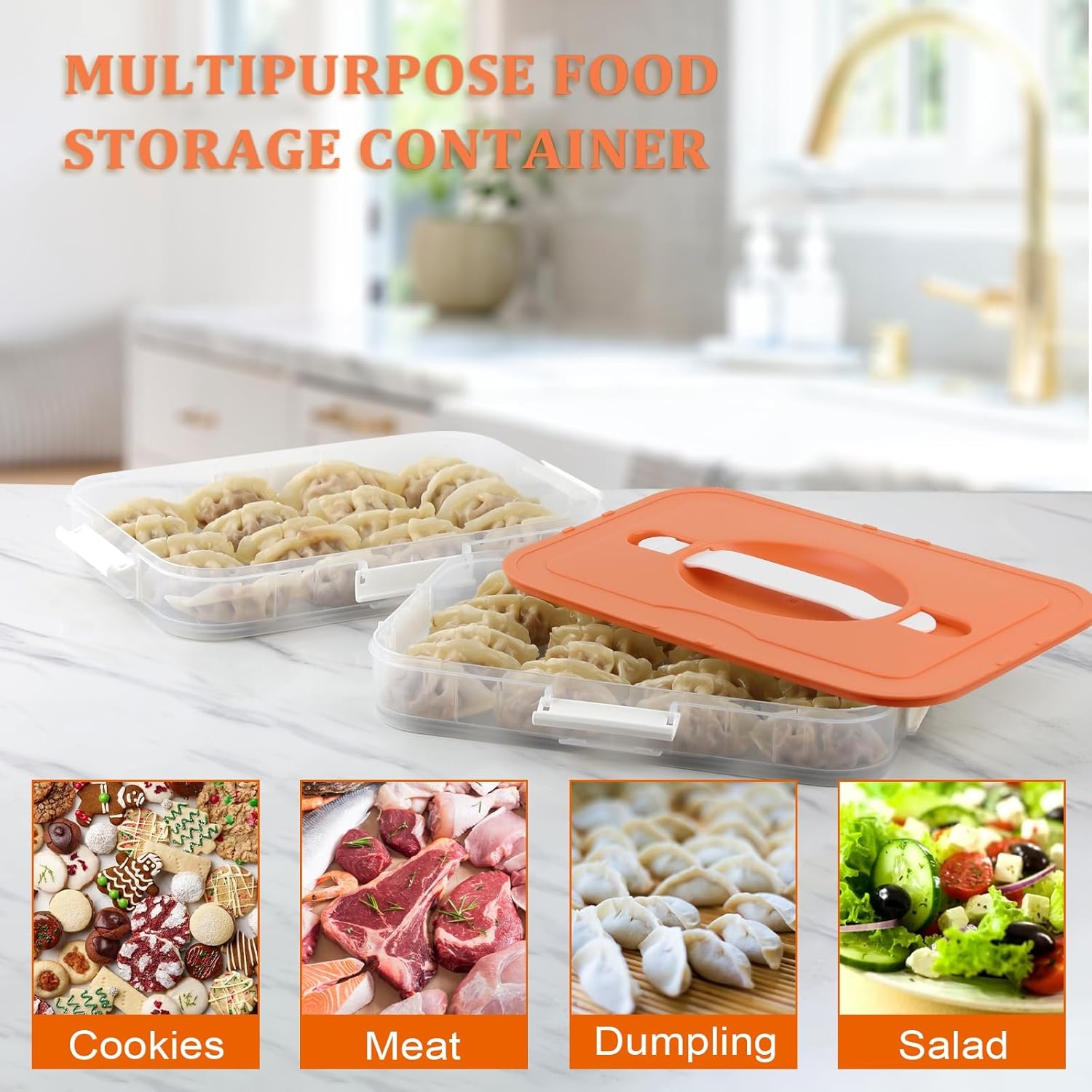 image:imageBTSKY Plastic Food Storage Container with lids Dumpling Storage Box Cookie Carrier Cookie Sheet with Lid Portable Large Food Container for Snack Fruit Vegetables Meat Wontons2Layer Orange