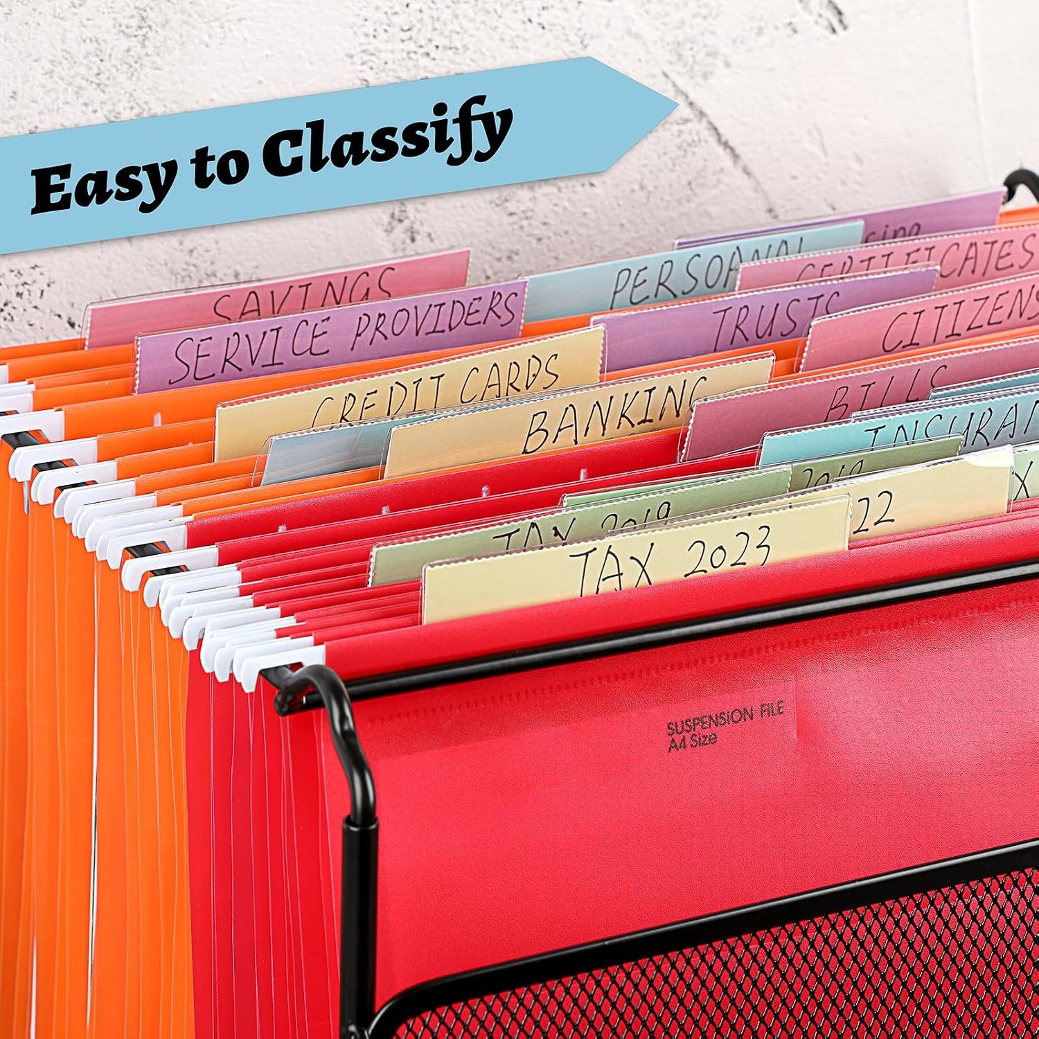 image:imageBTSKY 41 Inch Clear Plastic Modern Hanging File Folders with 75 Pcs Insertable Tabs and Colored Paper Inserts
