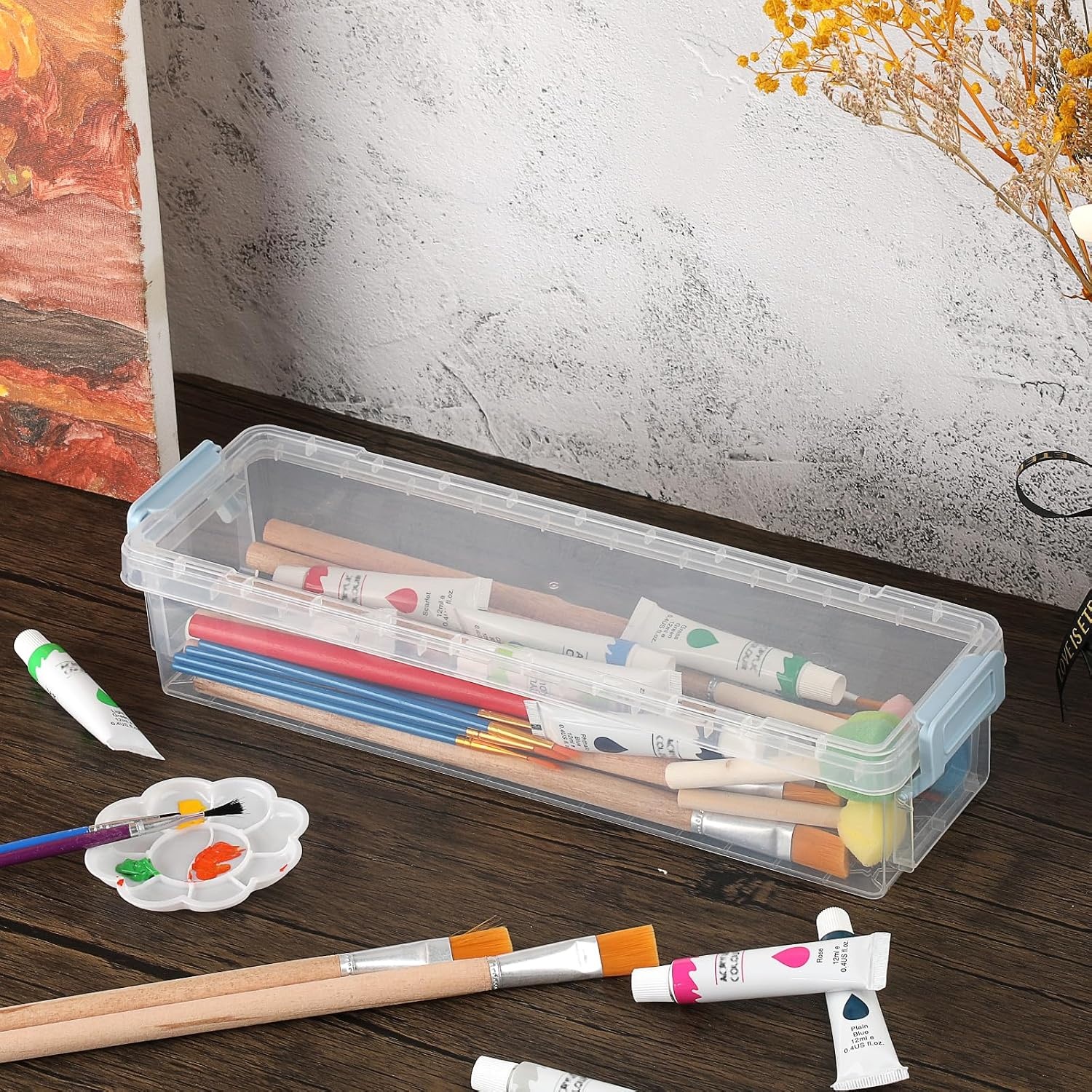 image:imageBTSKY 1 Pack Long Plastic Storage Box for Pencils Clear Marker Organizer Stackable Storage Box for Painting Brushes Painting Brush Container with Snaptight Lid for Drawing Tools Small Items BlueBlue