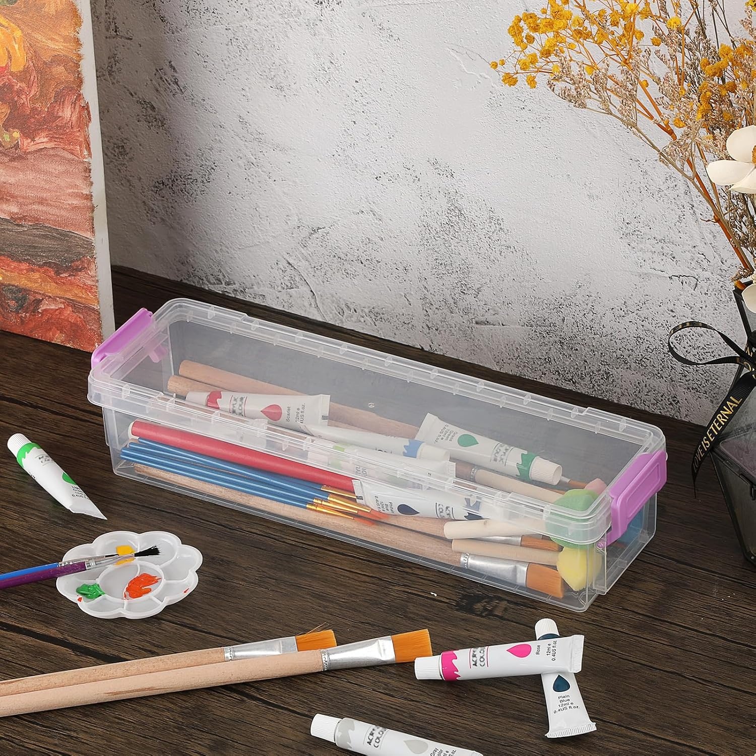image:imageBTSKY 1 Pack Long Plastic Storage Box for Pencils Clear Marker Organizer Stackable Storage Box for Painting Brushes Painting Brush Container with Snaptight Lid for Drawing Tools Small Items BluePurple