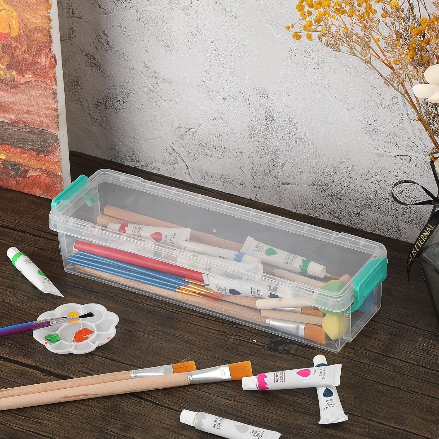 image:imageBTSKY 1 Pack Long Plastic Storage Box for Pencils Clear Marker Organizer Stackable Storage Box for Painting Brushes Painting Brush Container with Snaptight Lid for Drawing Tools Small Items BlueGreen