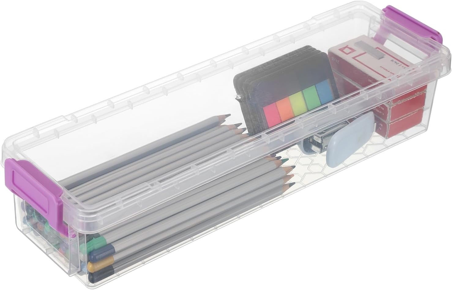 image:imageBTSKY 1 Pack Long Plastic Storage Box for Pencils Clear Marker Organizer Stackable Storage Box for Painting Brushes Painting Brush Container with Snaptight Lid for Drawing Tools Small Items BluePurple