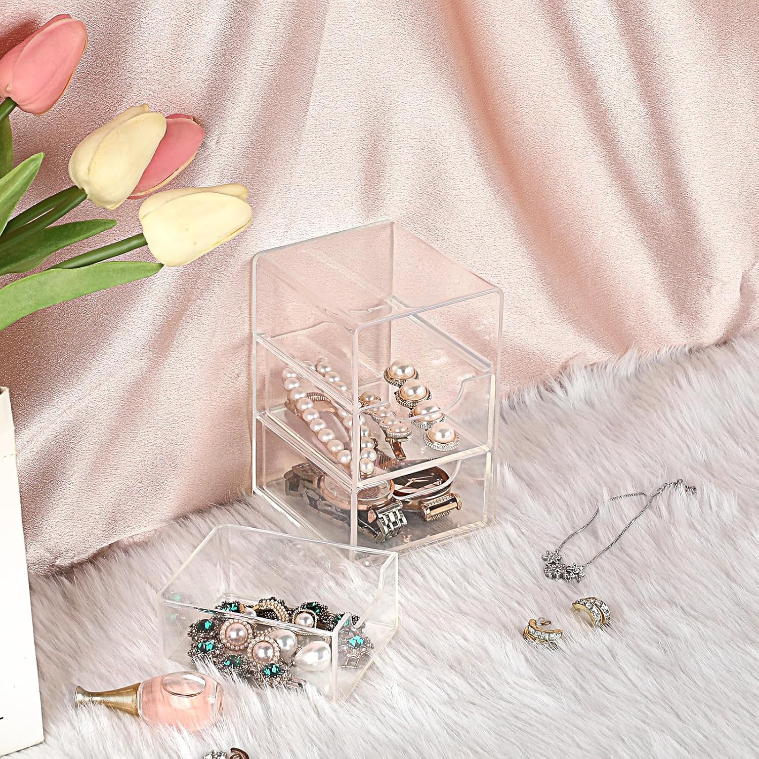 image:imageBTSKY 1 Pack Small Acrylic Storage Organizer with Drawers 3Layer Clear Desktop Organizer for Office Supplies Mini Storage Box with Drawers for Desk Desktop Makeup Drawer Jewelry Storage BoxClear